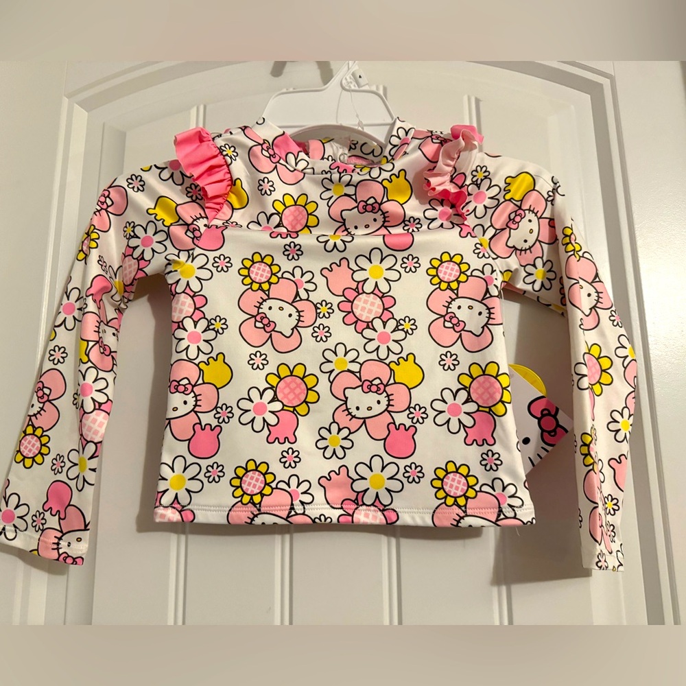 Cute Hello Kitty girls size 4 white pink ruffle zip rashguard swim shirt